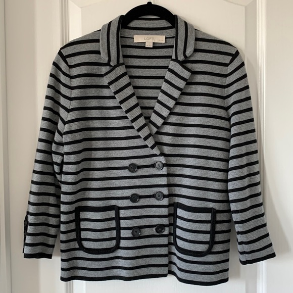 LOFT 100% Cotton Collared V-Neck Double Breasted Pockets Striped Jacket Size MP - Picture 1 of 16
